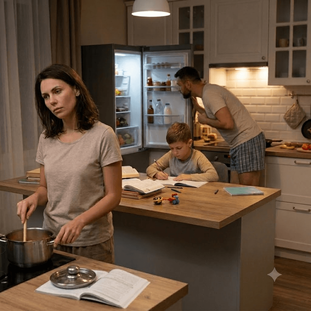 A tired family in the kitchen in the evening